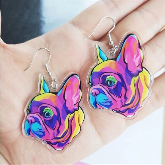 French Bulldog Lightweight Earrings Acrylic 80s/90s Vibrant Pink/Purple Frenchie - Picture 2 of 4